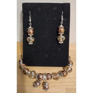 Elegant Bronze Pearl and Crystal Beaded Set Earrings & Memory Wire Bracelet